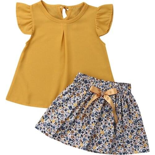 1-5Y Toddler Baby Kids Girl Chiffon Clothes Summer Sleeveless Flying Sleeve T-Shirt Tops+Floral Mini Skirt Outfits Clothes set