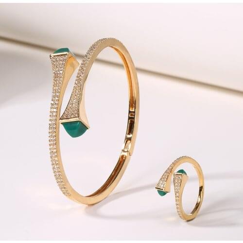 2021 New Romatic Women Fashion 2 Pcs Bracelet & Ring Set Candy color stone Simple Design Gold Open Cuff Bangle Ring Jewelry Set