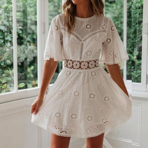 Mikas 2021 new summer dress hollow-out embroidery lace sexy beach wear round collar halter dress elegant white feminine party