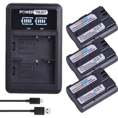 3Pcs 2650mAh BP-511 BP 511 BP511 BP511A Camera Battery + LED Dual USB Charger for Canon EOS 40D 300D 5D 20D 30D 50D
