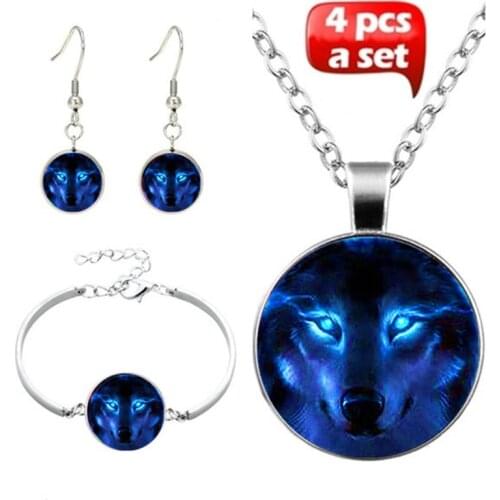 4Pcs/Set New Fashion Handmade Glass Witchcraft Nordic Wiccan Wolf Pendant Choker Necklace Bracelet Earrings For Women Jewelry