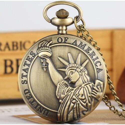 United States of America Statue of Liberty Retro Bronze Quartz Pocket Watch Pendant Clock Gifts Necklace Men Women Collectibles