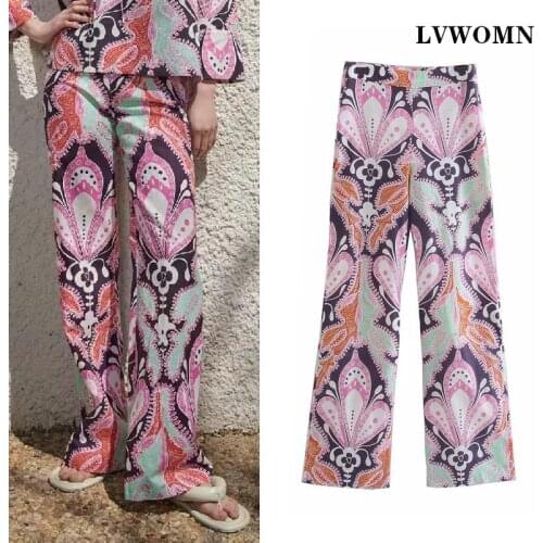 LVWOMN Za Women Pants 2021 Summer Fashion Linen Print Pants Women High Waist Chic Side Zipper Casual Female Trousers Straight