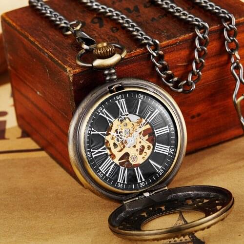 Bronze Necklace Watch Vintage Steampunk Mechanical Pocket Watch With Chain Hollow Hand-winding Pendant Clock Men Women Gold Gift