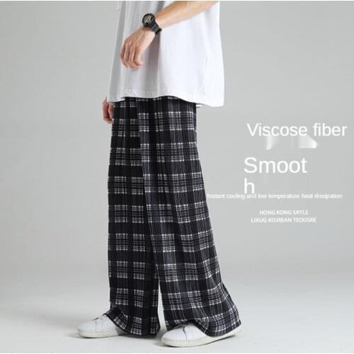 Plaid Pants Men Korean Casual Pants Men Fashion Loose Ice Silk Pants Men Streetwear Straight Wide-leg Pants Mens Mopping Pants