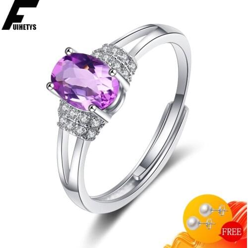 925 Silver Jewelry Rings Oval Amethyst Zircon Gemstone Open Finger Ring Ornament for Female Wedding Promise Party Gift Wholesale