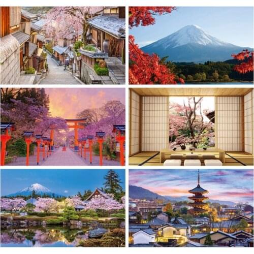 Laeacco Japan Street Cherry Blossom Landscape Snow Mountains Photography Backdrops Photographic Backgrounds For Photo Studio
