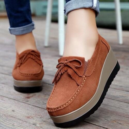 Autumn ladies platform shoes leather suede plush slip on sneakers tassel loafers moccasins womens shoes