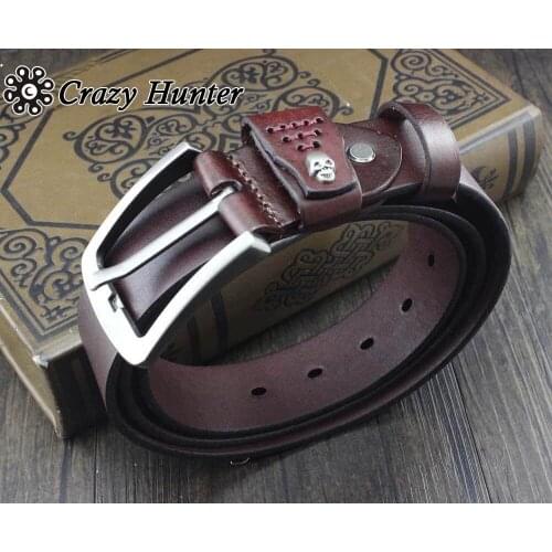 Mens Cowboy Vintage Skull Casual Genuine Thick Leather Belt Waistband Coffee