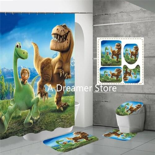 4pieces Cartoon Dinosaur Shower Curtain Set For Kids Children Decor Bathroom Non-slip Carpet Toilet Seat Non-slip Mat Rug