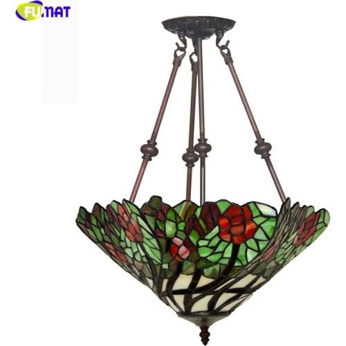 FUMAT Dragonfly Flower Tiffany Style Anti Chandelier Stained Glass Pendant Hanging Light Fixture Classical Home Decor Lighting