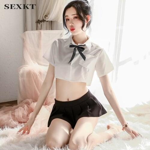Sexy Lingerie Sexy See-through Student White Shirt Neckline Rope Bow Uniform Temptation British Plaid Pleated Short Skirt