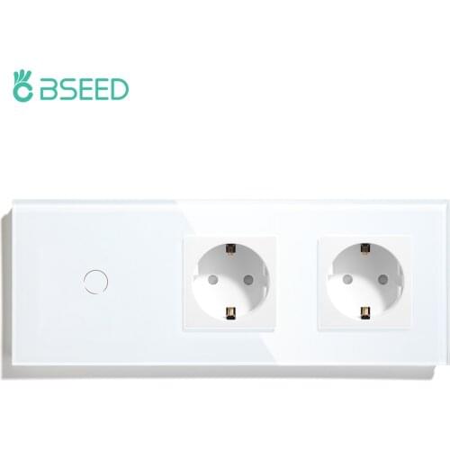 BSEED EU Standard Touch Light Switch 1 Gang 1 Way 2 Way With Wall Socket White Black Gold Wall Switch 228mm Crystal Glass Panel