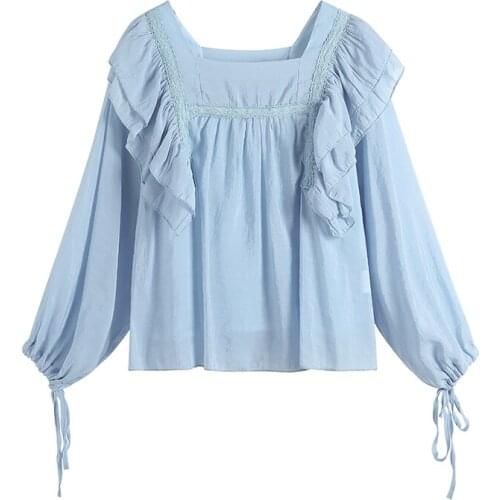 Sweet stitching ruffled chiffon shirt loose and thin straps bow knot square collar lantern sleeve blouse female
