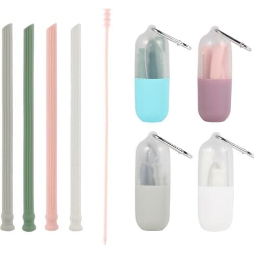 1Pc Reusable Silicone Collapsible Drinking Straws Flexible Screw Thread Silicone Straws BPA Free Straw With 1 Cleaning Brushes
