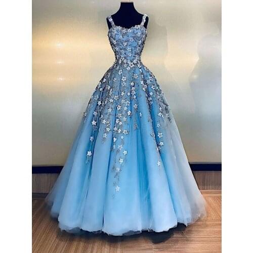 Light Blue Flowers Arabic Dubai Prom Dresses Spaghetti Straps Evening Dress Sweetheart Formal Party Gowns vestido formatura