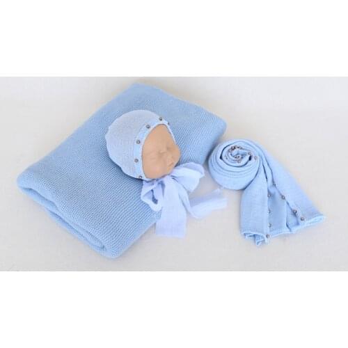 Newborn Knit Stretch Wrap And Blanket Bonnet Full Set Photography Basket Stuffer And Baby Crochet Hat Studio Shoot Photo Props