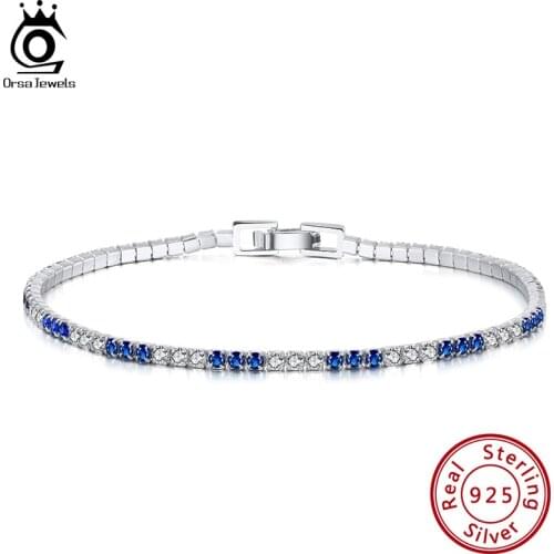 ORSA JEWELS 925 Sterling Silver Blue and Clear Crystal Tennis Bracelet for Women Men Cubic Zirconia Party Hiphop Jewelry SB117