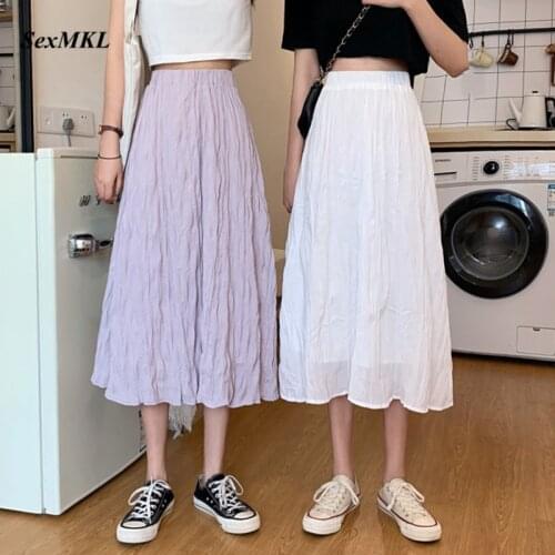 Women Summer A Line Long Skirt 2021 Fashion Elastic High Waist White Pleated Skirts Korean Clothing Vintage Casual Mujer Faldas
