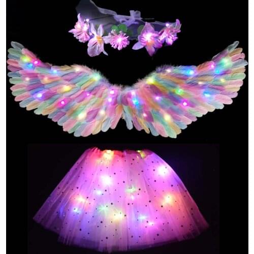 LED Glowing Light Up Feather Wings and Halo Flower Wreath Skirt Tutu for Kids Adult Angel Costume Festivals Halloween Christmas