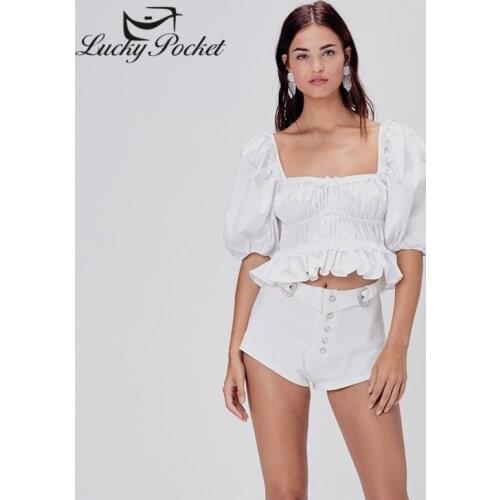 Women Summer White Cotton Lantern Sleeve T-Shirt Ladies Fashion Solid Color Sweet Casual Tees Female Square Collar Crop Top ML61