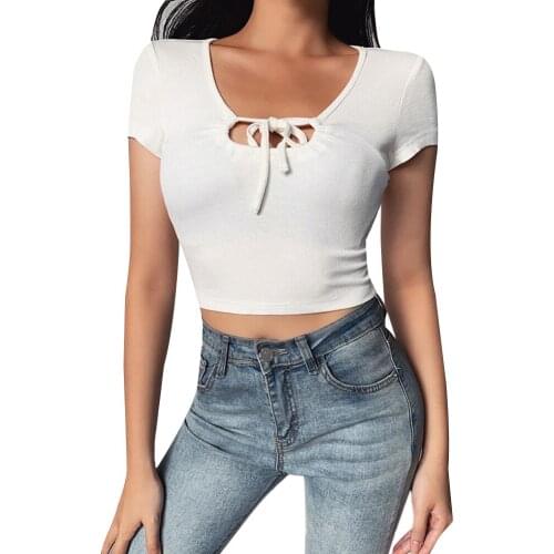 Women Summer Slim Short T-shirt Drawstring Tie V Neck Solid Color Knit Pullover Tee Tops