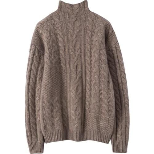 Women 100% Cashmere Sweater Turtleneck Cable Knitted Winter Thick Pullovers Long Sleeve Warm Female Fashion Stylish Jumper
