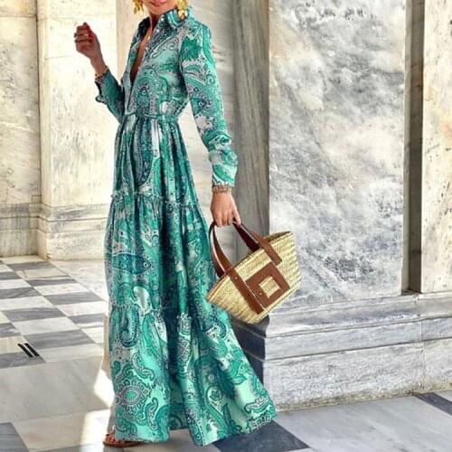 Casual Boho Loose Maxi Shirt Dresses Women Spring Autumn Long Sleeve Button Robe Femme 202 Red Vintage Pleated Print Long Dress