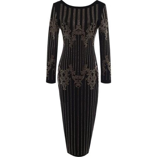 Fashion HIGH QUALITY Runway 2021 BAROCCO Designer Dress Womens Long Sleeve Luxurious Diamonds Beading Back V Zipper Dress