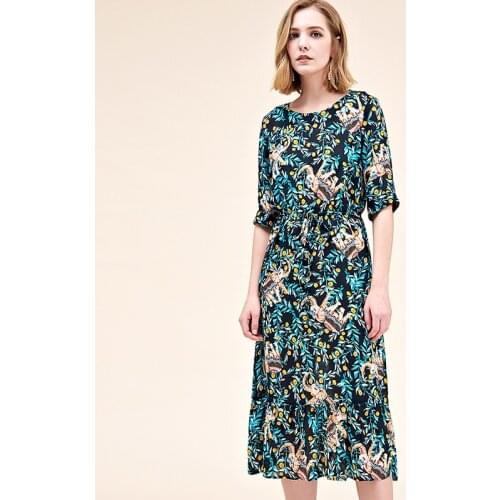 100%Silk Dress With Middle Sleeve Printing And Silk Dress