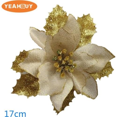 30pcs Christmas flower high quality Xmas flowers decorative artificial poinsettia flower gold silver tree decorations