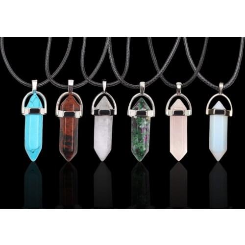 LanLi Hexagonal Column Necklaces Natural Crystal Pendants Stone Pendant Leather Chains Necklace For Women Fashion Jewelry