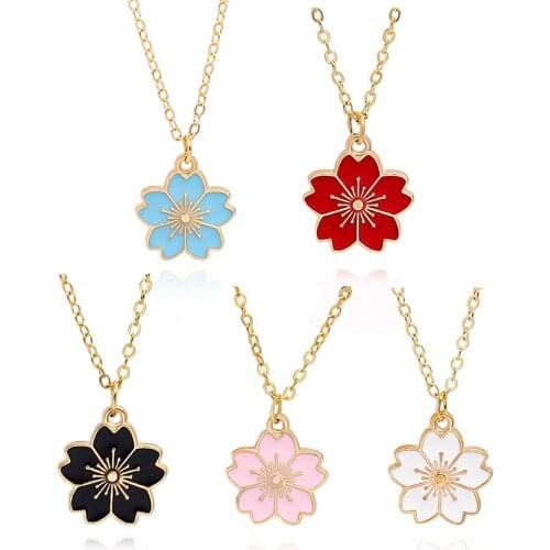 Hot Sale Cherry Blossoms Necklace Red Pink Blue White Black Flower Cherry Alloy Chain Pendant Necklaces Jewellery Collier Femme
