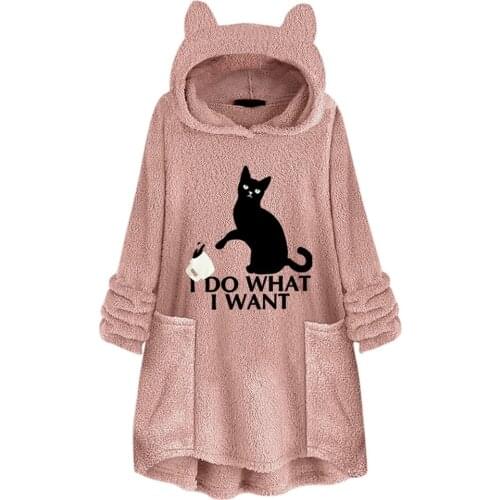 Cat Print Long Hoodies Sweatshirt Women Fleece Warm Embroidery Pocket Pullovers Cat Ear Plus Size Hoodie Top Blouse Sweat Femme