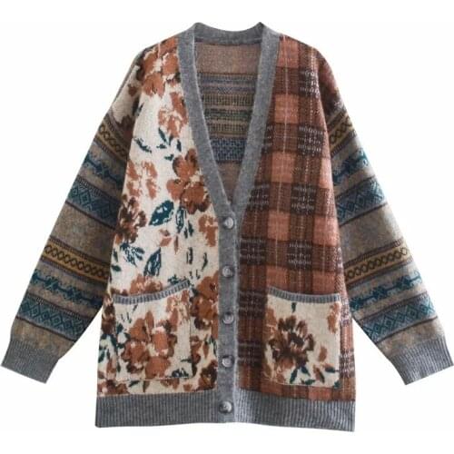 Oversized Cardigan Button Front V Neck Long Sleeve Flower and Plaid Top
