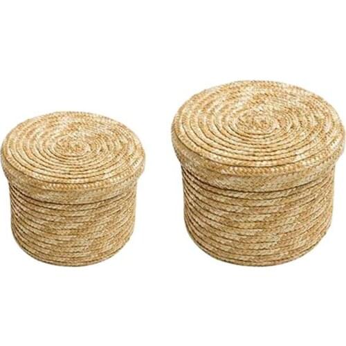 Round Handmade Straw Woven Storage Basket with Lid Organizer Storage Box Laundry Baskets Rattan Storage Flower Baske