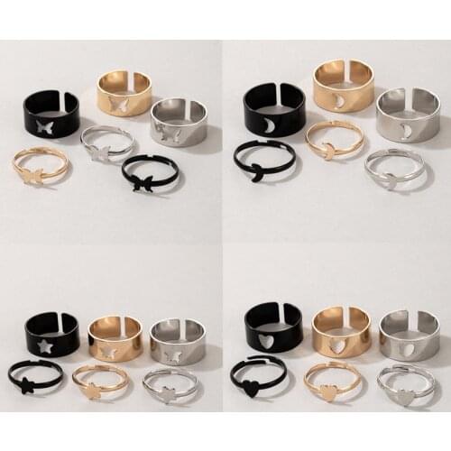 New Butterfly Heart Matching Couple Rings for Women Men Moon Star Hollow Geometric Colorful Rings Wedding Jewelry 6pcs ring set