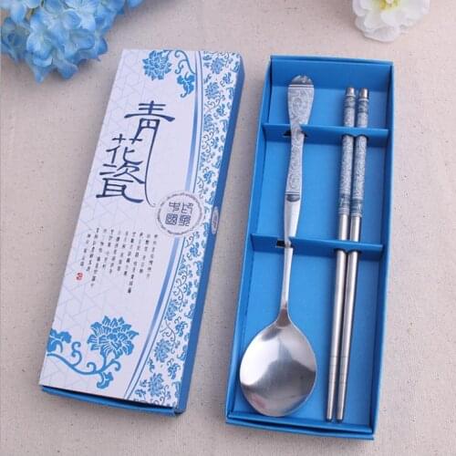 Chinoiserie Stainless Steel Dinnerware Sets in Blue Gift Box Chopsticks&Spoon Kitchen Party Supplies