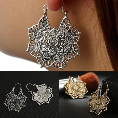 2011 New Drop Earrings Chic Hollow Vintage Silver Color Women Lotus Antique Flowers Carving Ethnic Statement Wedding Jewelry