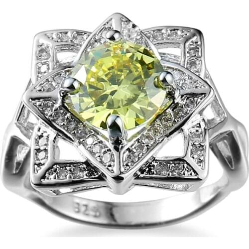 2020 New Luxury Flower Shape Olive Yellow Crystal Bridal Wedding Engagement Cocktail Party For Women CZ Ring Jewelry Wholesale