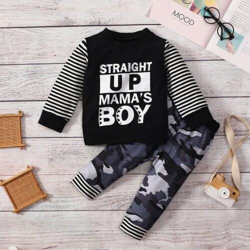FOCUSNORM Autumn 0-3Y Baby Boys Causal Clothes Sets 2pcs Letter Striped Camouflage Printed Long Sleeve Sweatshirt Tops Pant