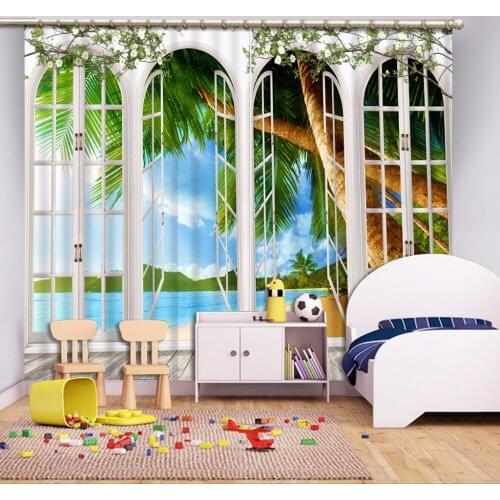 Bedroom Living Room Kitchen Home Textile Luxury 3D Window Curtains Classic 3D European Style nature scenery beach