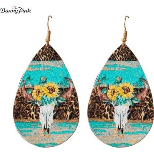 Banny Pink Ethnic PU Leopard Sunflower Cow Head Pendant Earrings For Women New Print Fashion Jewelry Water Drop Earrings