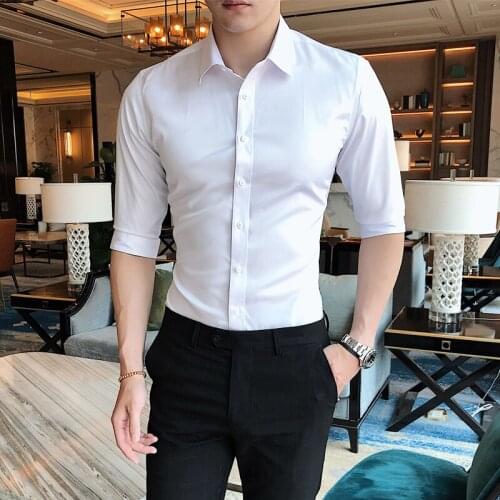 2021 Summer Men Fashion Business Shirt British Gentleman Korean Slim Fit Solid Color Male Half Sleeve Shirt Solid Casual Blouses