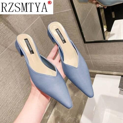 New Fashion Slippers Women Shoes Woman Slides Cover Pointed Toe Square Mid Heels Casual Shoes Plus Size Ladies Shoes Mules