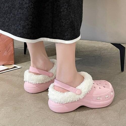Winter Women Slippers 5cm Platform Clogs Warm Furry Slippers Female Fur Indoor Home Cotton Shoes Fluff Slides Plush Slippers 40