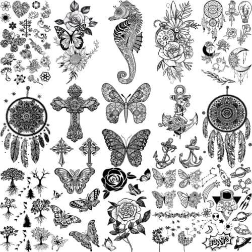 3D Henna Mehndi Butterfly Cross Temporary Tattoos For Women Girls Adult Kids Tree Space Seahorse Fake Tattoo Washable Hand Tatoo