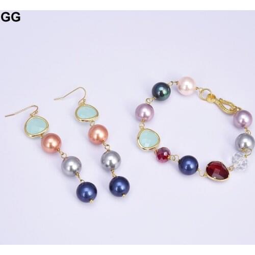 GuaiGuai Jewelry 8'' Multi Color Sea Shell Pearl Crystal Bracelet Earrings Sets