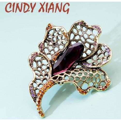 CINDY XIANG Crystal Hollow-out Flower Brooches for Women Vintage Elegant Large Pin 3 Colors Available