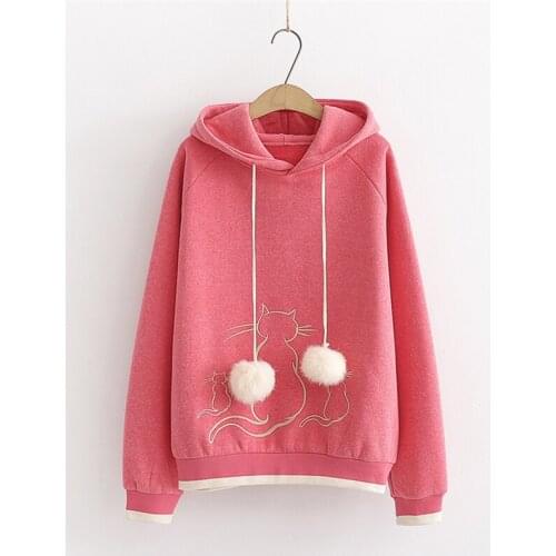 Merry Pretty Womens Cartoon Cat Embroidery Harajuku Hoodies Sweatshirts 2020 Winter Turndown Collar Plus Velvet Thick Pullovers